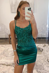 Lace Emerald Green Homecoming Dresses Mini Appliques Tight Hoco Dress